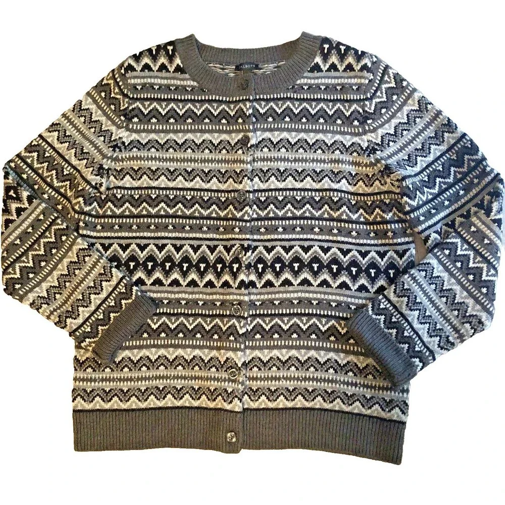 Talbots Lambswool Nordic Cardigan Womens Size M Elegant Beaded Artsy Sweater